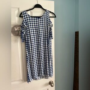 Elegant Blue and White Checkered Off-Shoulder Dress